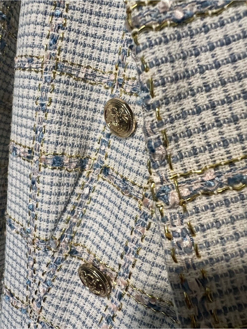 Rachel Zoe Light Blue and Gold-Thread Tweed Double-Breasted Blazer - Picture 3 of 5